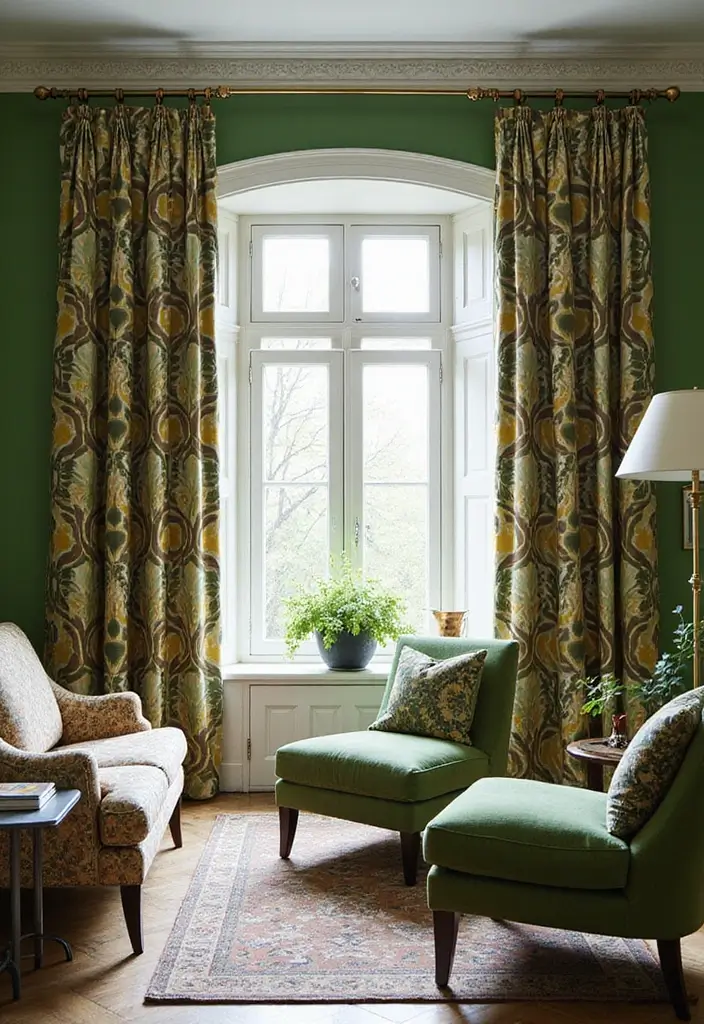 29 Curtains for Green Walls in Your Living Room – Top Picks - 2. Bold Geometric Patterns