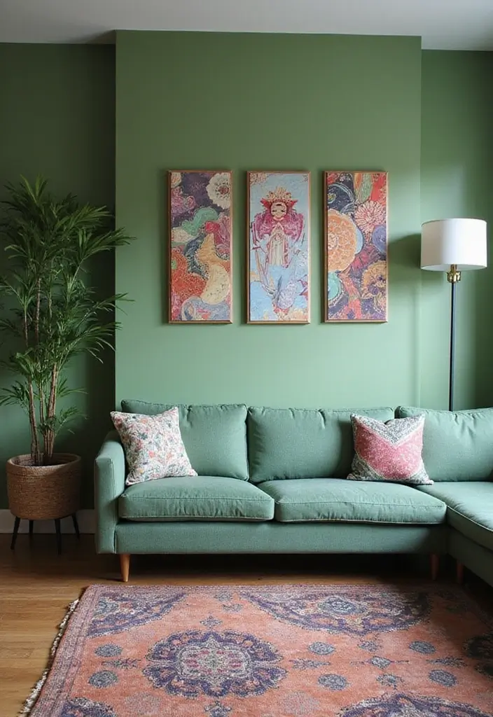 29 Curtains for Green Walls in Your Living Room – Top Picks - 22. Artistic Panels
