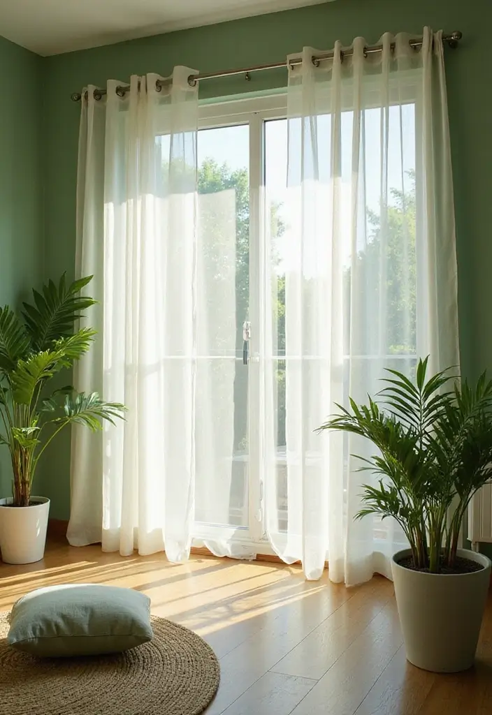 29 Curtains for Green Walls in Your Living Room – Top Picks - 24. Clear Views with Transparent Panels