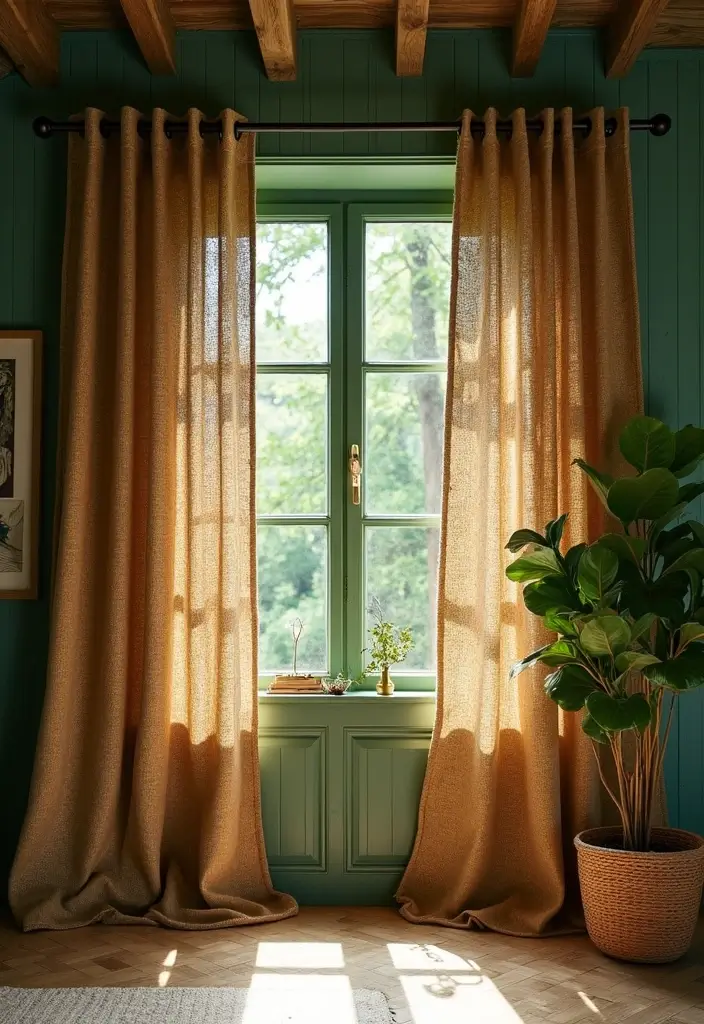 29 Curtains for Green Walls in Your Living Room – Top Picks - 6. Rustic Jute Panels