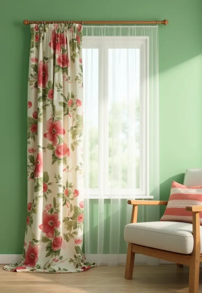 29 Curtains for Green Walls in Your Living Room – Top Picks - 7. Floral Prints