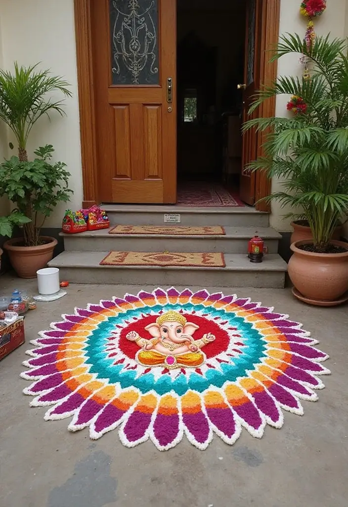 29 Ganesh Decoration Ideas for a Festive Home Decor - 13. DIY Ganesh Rangoli