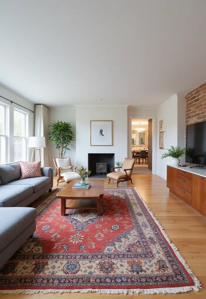 29 Kitchen Living Room Open Concept Ideas for Modern Homes - 15. Statement Rugs