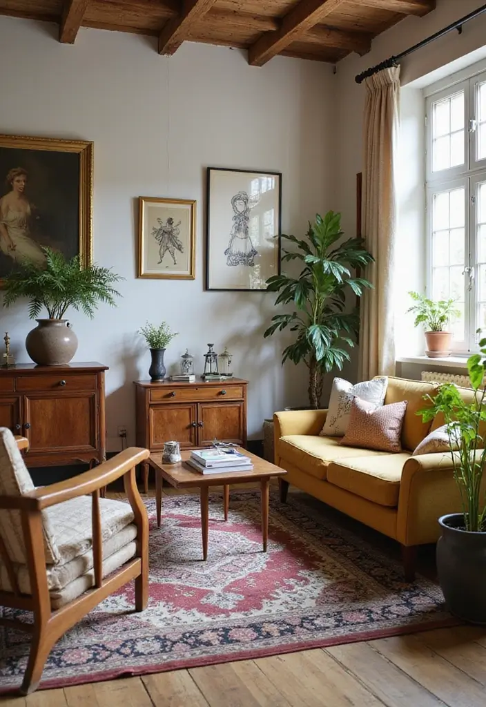 29 Living Room Layout Ideas That Balance Function and Style - 14. The Vintage Meets Modern