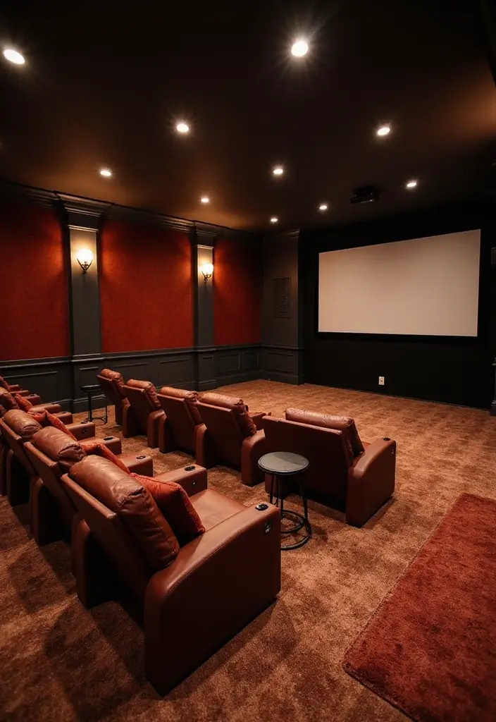 29 Moody Basement Ideas for a Dramatic Look - 14. Cozy Movie Screening Room