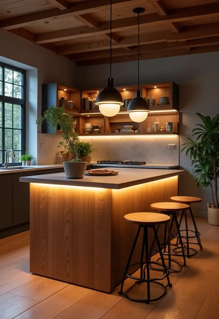30 Kitchen Remodel Ideas with Islands for Added Functionality - 14. Stylish Island with Accent Lighting